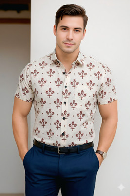 HouseOfCommon Men Floral Print Casual Beige Shirt