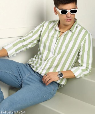 HKV FASHION Men Striped Casual Green Shirt