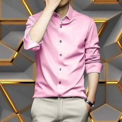 The style grove Men Solid Casual Pink Shirt