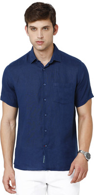 Linen Club Men Solid Casual Blue Shirt