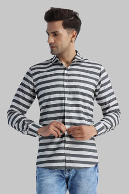 Voroxy Men Striped Casual Grey Shirt