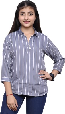 OLD JERSEY Girls Striped Casual White Shirt