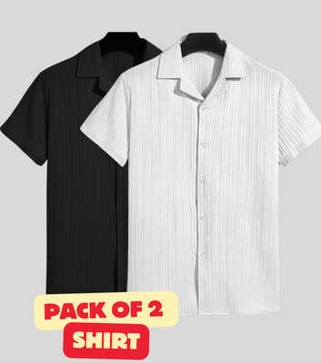 FUBACK Men Solid Casual Black, White Shirt(Pack of 2)