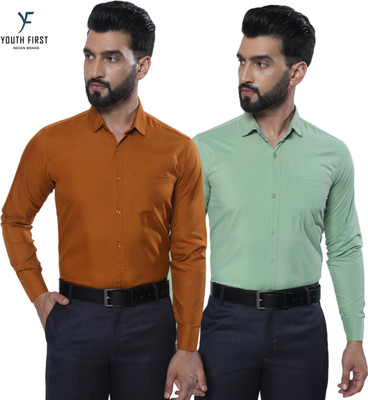 youth first Men Solid Formal Brown, Green Shirt(Pack of 2)