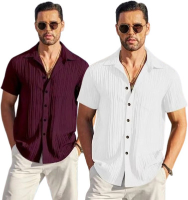 METRONAUT Men Self Design Casual White, Purple Shirt(Pack of 2)