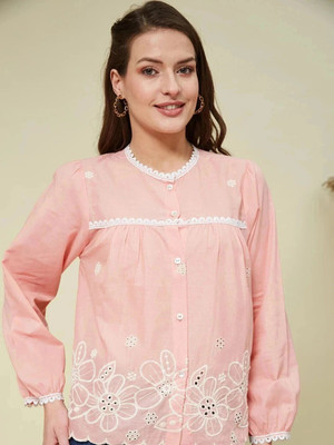J TURRITOPSIS Women Embroidered Casual Pink Shirt