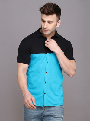 BEYOU FASHION Men Color Block Casual Light Blue, Black Shirt