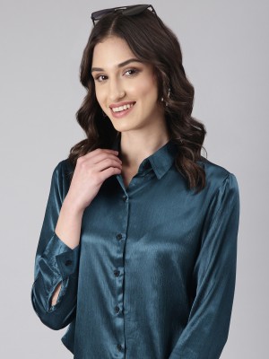 Showoff Women Solid Casual Dark Blue Shirt