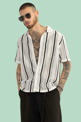 DUCCKCREATION Men Self Design, Striped Formal White, Black Shirt