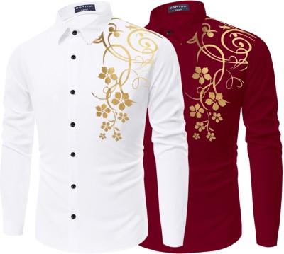 ZARTHA Men Printed Casual White, Maroon Shirt(Pack of 2)