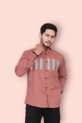 U AND J TREND Men Solid, Striped Casual Pink Shirt