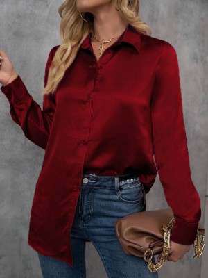 SOLSTICE Women Solid Casual Maroon Shirt