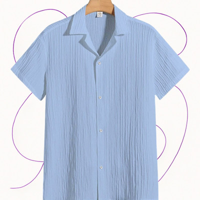 A DEEMOON TREND Men Self Design Casual Light Blue Shirt