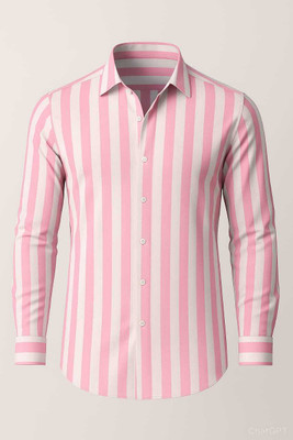 MACWEAR Men Striped Party Pink, White Shirt