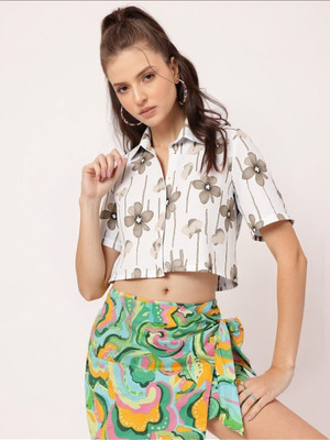 MAYKR Women Printed Casual White Shirt