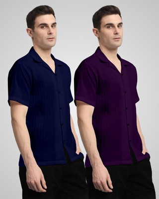 HEMAS LIFESTYLE Men Self Design Casual Dark Blue, Purple Shirt(Pack of 2)