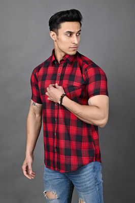 CottonMS Men Checkered Casual Red, Black Shirt