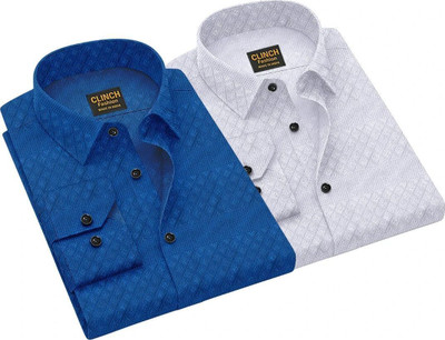 clinch fashion Men Self Design Casual Dark Blue, White Shirt(Pack of 2)