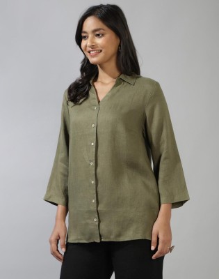 Fabindia Women Solid Casual Green Shirt