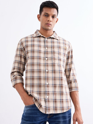 Spykar Men Checkered Casual Brown, Beige Shirt