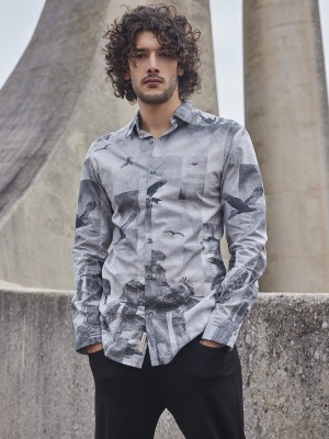 MUFTI Men Printed Casual Grey Shirt