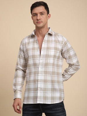 Voroxy Men Checkered Casual White Shirt