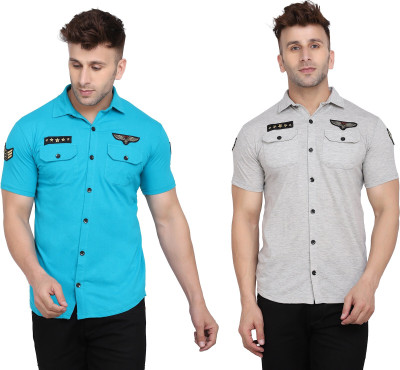 GEUM Men Solid Casual Silver, Light Blue Shirt(Pack of 2)