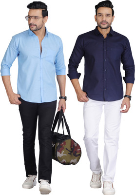 FAVNIC Men Solid Casual Blue, Dark Blue Shirt(Pack of 2)