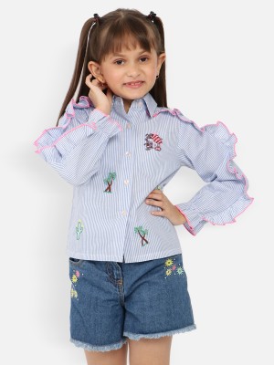 NautiNati Girls Striped, Embroidered Casual Blue Shirt