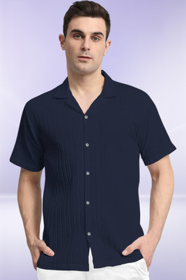 A DEEMOON TREND Men Self Design Casual Dark Blue Shirt