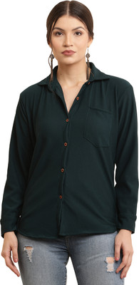 Kryvyn Women Self Design Casual Dark Green Shirt