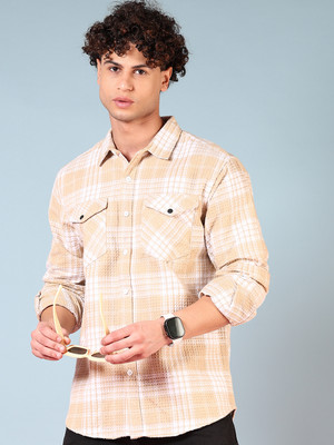 V-MART Men Checkered Casual Beige, White Shirt