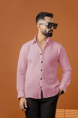 FUBACK Men Self Design Casual Pink Shirt