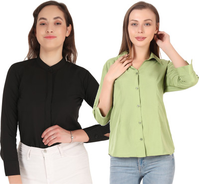 HEAVENS CREATIONS Women Solid Formal Black, Light Green Shirt(Pack of 2)