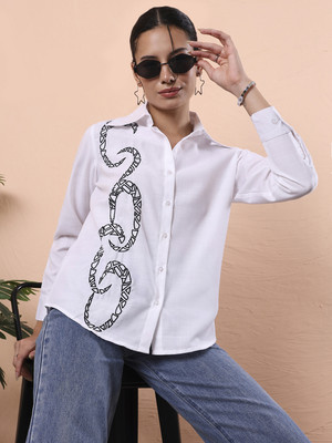 fithub Women Printed Casual White Shirt