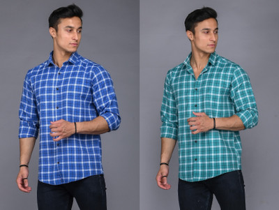 Tanip Men Checkered Casual Blue, Green Shirt(Pack of 2)