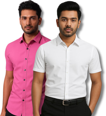 RAREMARK Men Solid Formal White, Pink Shirt(Pack of 2)