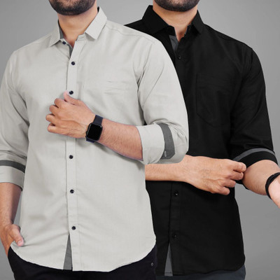 BROWEARS Men Solid Casual Black, Grey Shirt(Pack of 2)