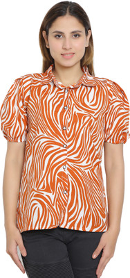 Divinelove Women Animal Print Casual Orange Shirt