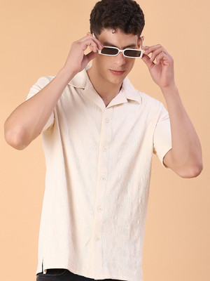 V-MART Men Self Design Casual Beige Shirt