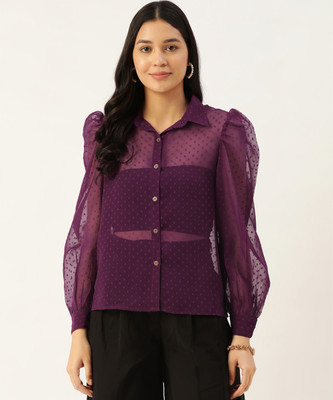 SLENOR Women Self Design Casual Maroon Shirt