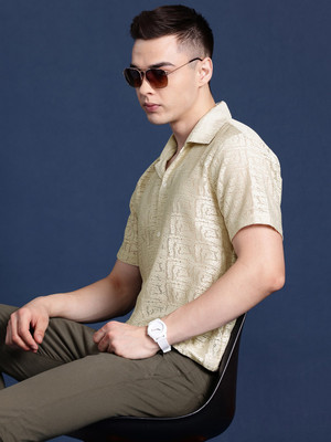 Hancock Men Self Design Casual Beige Shirt
