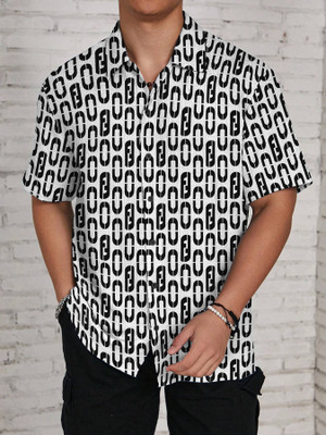 KAJARU Men Self Design Casual Black, White Shirt