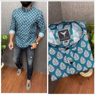 RandomStyle Men Printed Straight Kurta(Blue)