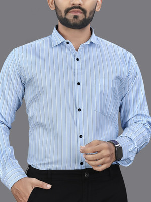 MILDIN Men Striped Formal Light Blue, Black Shirt