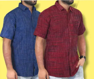ZWINGS Men Self Design Casual Maroon, Blue Shirt(Pack of 2)