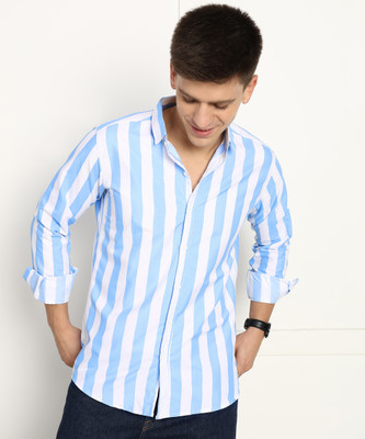 U TURN Men Striped Casual Light Blue, White Shirt