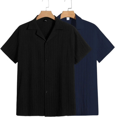 METRONAUT Men Self Design Casual Black, Dark Blue Shirt(Pack of 2)