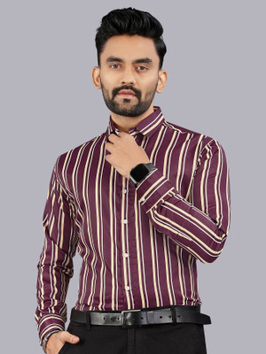 Nat Jastica Men Striped Casual Maroon, Beige Shirt