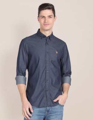 U.S. POLO ASSN. Men Self Design Casual Dark Blue Shirt